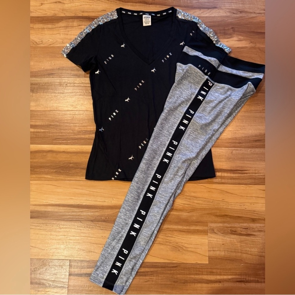 BLING PINK Victoria's Secret Gray and Black Leggings with Logo Stripe